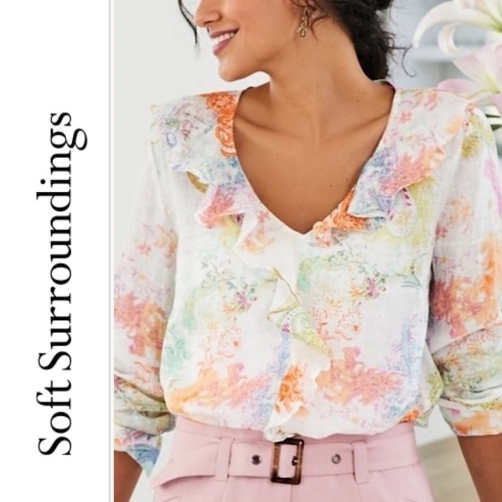 Soft Surroundings Adeline Ruffle Paisley Floral Linen Blouse L